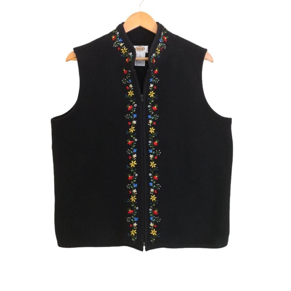 Talbots Embellished Trim Fleece Vest Black Size L